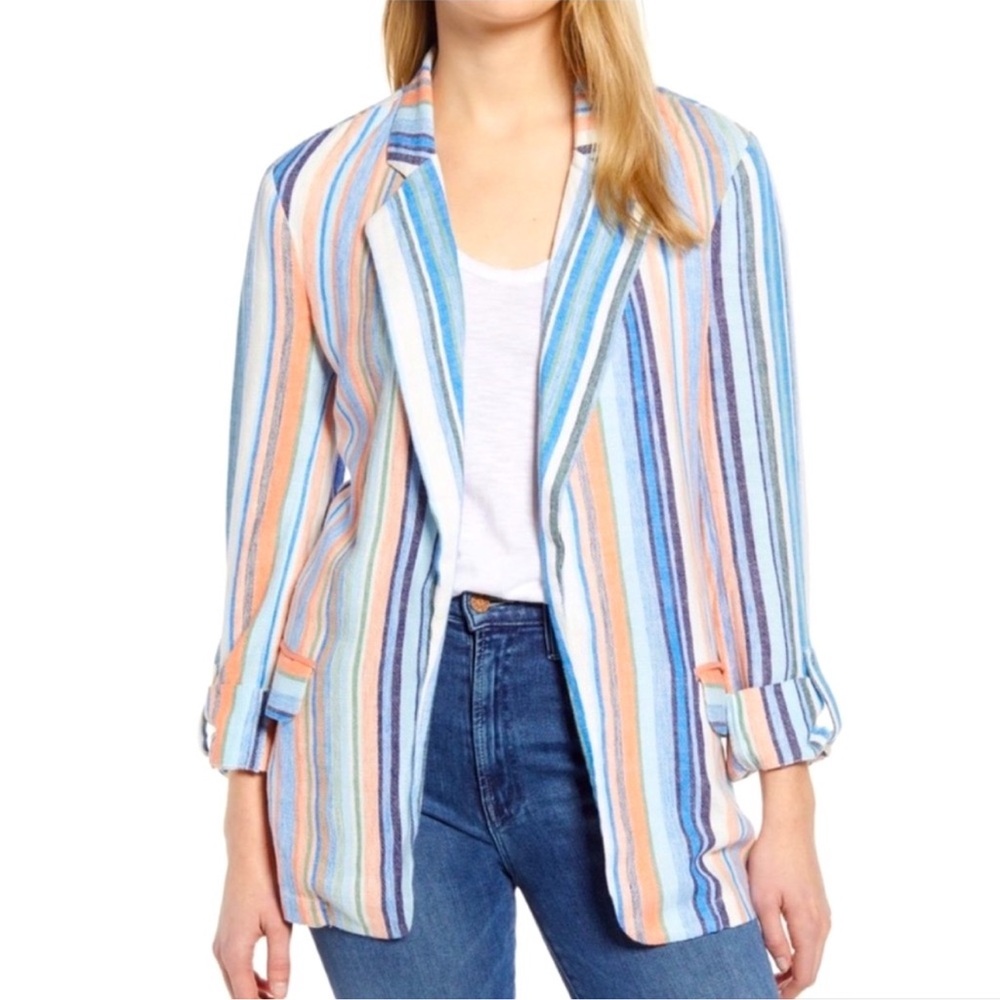 Caslon Multi-Color Vertical Striped Linen Blend Open Front Blazer